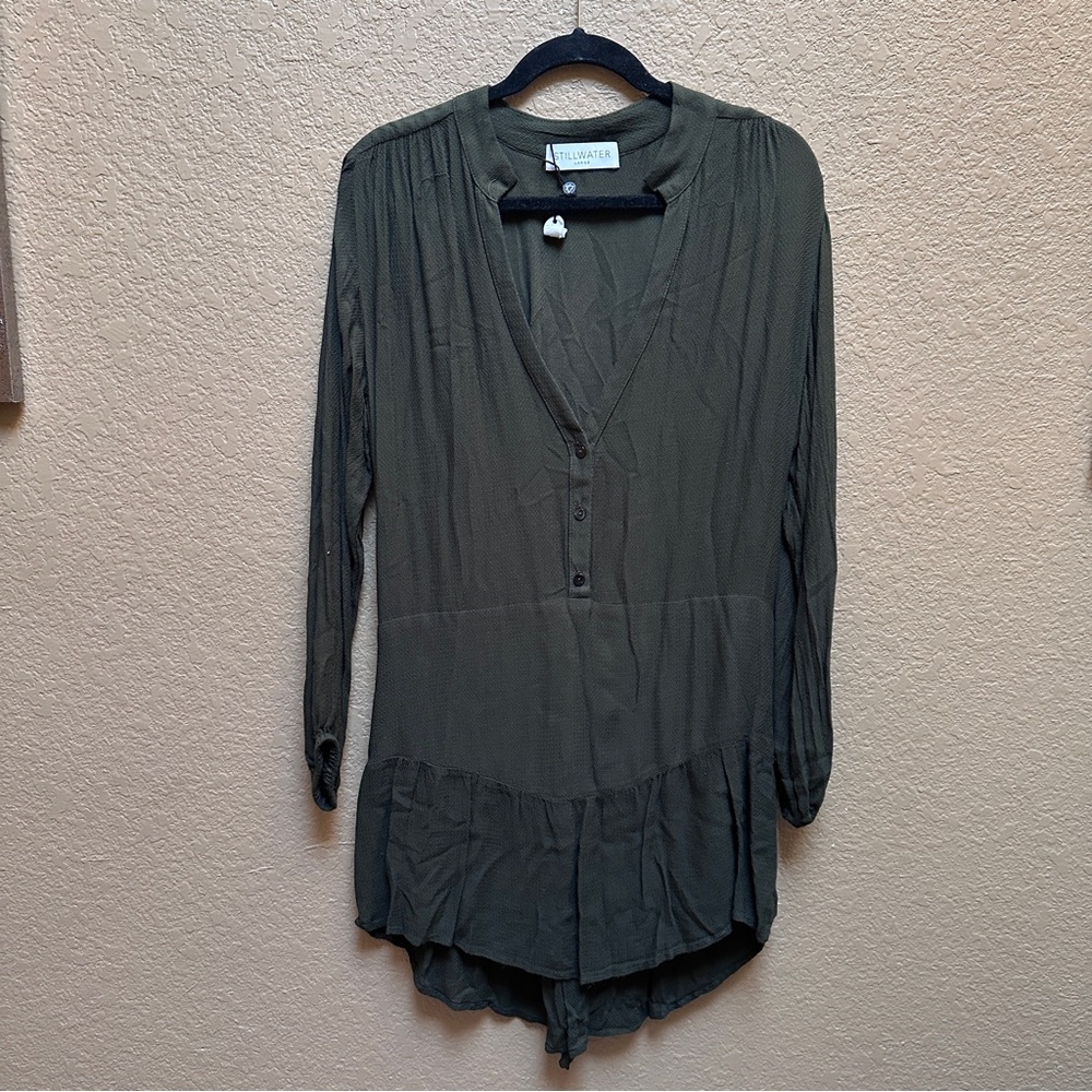 Green Asymmetrical Pleated 3/4 Sleeve Blouse